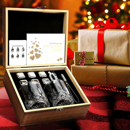 Whiskey Stones, Whiskey Glass Gift Set, Whisky Rocks Chilling Stones in Handmade Wooden Box– Cool without Dilution – Whisky Glasses Set of 2, Gift for Dad, Husband, Men (Round2)
