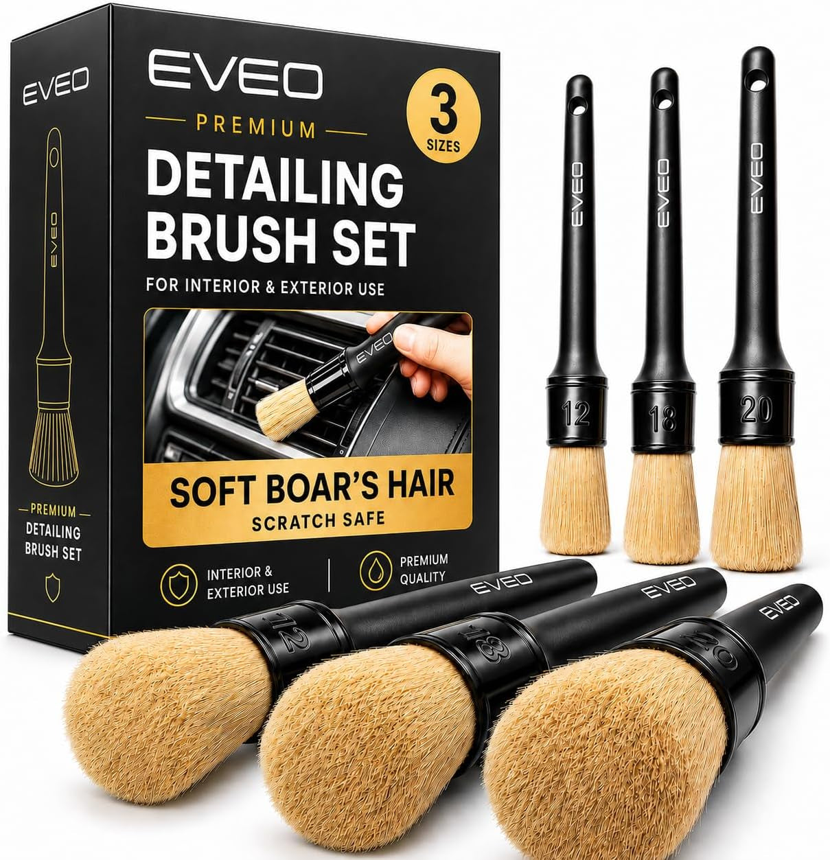 DetailMaster™ Premium Boar Hair Brush Set – Professional Interior Car Detailing Kit (3-Pack)