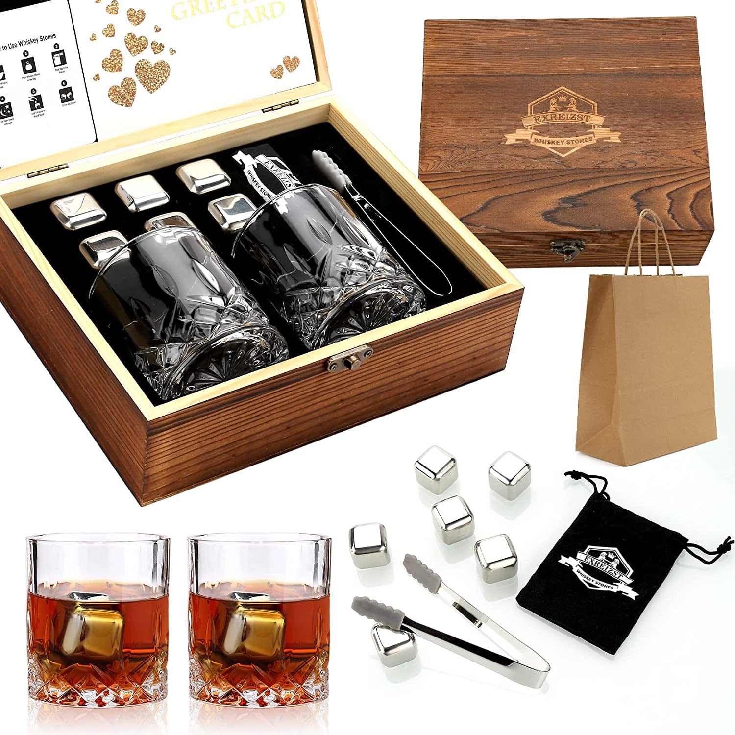 Whiskey Stones, Whiskey Glass Gift Set, Whisky Rocks Chilling Stones in Handmade Wooden Box– Cool without Dilution – Whisky Glasses Set of 2, Gift for Dad, Husband, Men (Round2)