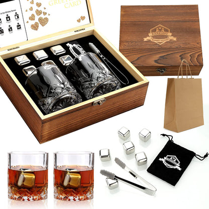Whiskey Stones, Whiskey Glass Gift Set, Whisky Rocks Chilling Stones in Handmade Wooden Box– Cool without Dilution – Whisky Glasses Set of 2, Gift for Dad, Husband, Men (Round2)
