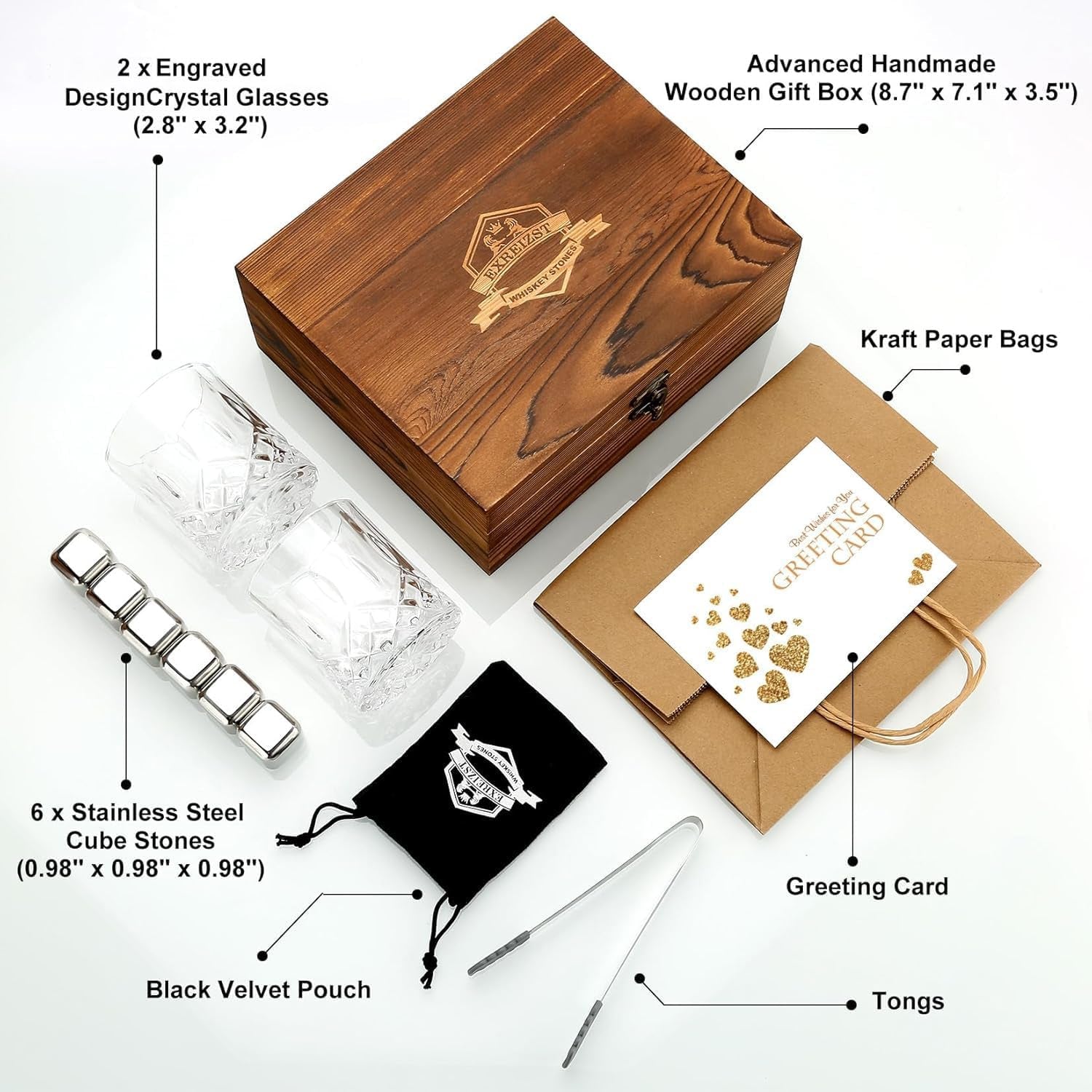 Whiskey Stones, Whiskey Glass Gift Set, Whisky Rocks Chilling Stones in Handmade Wooden Box– Cool without Dilution – Whisky Glasses Set of 2, Gift for Dad, Husband, Men (Round2)