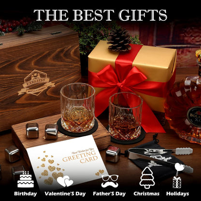 Whiskey Stones, Whiskey Glass Gift Set, Whisky Rocks Chilling Stones in Handmade Wooden Box– Cool without Dilution – Whisky Glasses Set of 2, Gift for Dad, Husband, Men (Round2)